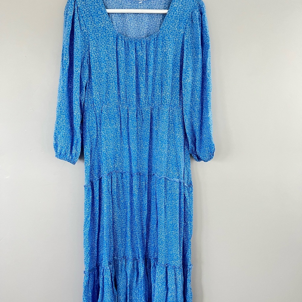 Blue Floral Tiered Maxi Dress with Scoop Neck